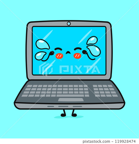Crying Laptop character. Vector hand drawn cartoon kawaii character illustration icon. Isolated on blue background. Sad Laptop character concept Crying Laptop character. Vector hand drawn cartoon kawaii character illustration icon. Isolated on blue background. Sad Laptop character concept 119928474