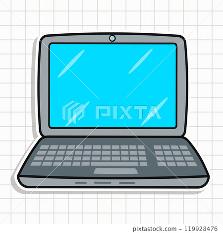 Cute cartoon laptop sticker. Vector hand drawn cartoon kawaii character illustration icon. Isolated on blue background. Laptop happy concept Cute cartoon laptop sticker. Vector hand drawn cartoon kawaii character illustration icon. Isolated on blue background. Laptop happy concept 119928476