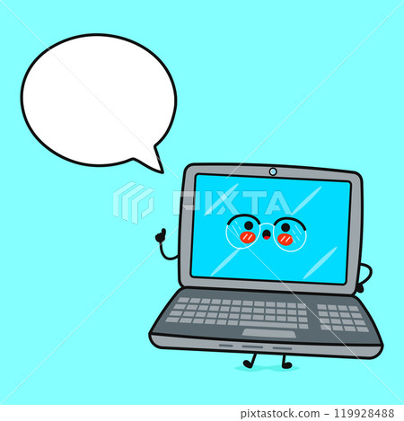 Cute cartoon laptop character. Vector hand drawn cartoon kawaii character illustration icon. Isolated on blue background. Laptop happy concept Cute cartoon laptop character. Vector hand drawn cartoon kawaii character illustration icon. Isolated on blue background. Laptop happy concept 119928488
