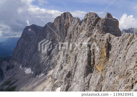 Dachstein Sudwand with Torstein, Mitterspitz, Hoher Dachstein and Dirndl mountains in Norhern Limesteone Alps, Austria, sunny summer day 119928991