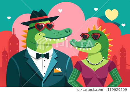 Happy crocodiles in sunglass in love couple. Valentine's Day 119929399