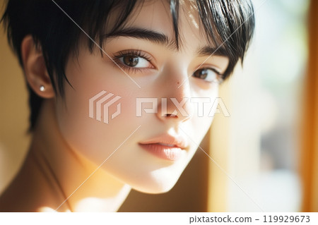 "AI generated image" of a beautiful woman with short black hair 119929673