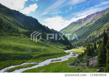 Idyllic summer landscape with hiking trail in the mountains with beautiful fresh green mountain pastures, river with reflection and forest. Terskey Alatoo mountains, Tian-Shan, Karakol, Kyrgyzstan 119929939
