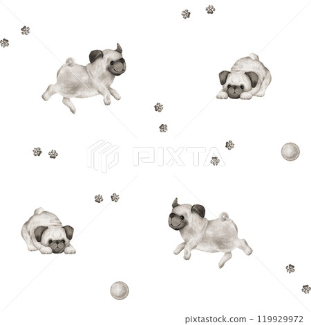Seamless pattern of animal dogs and paws, ball for kids. Hand drawn illustration of pug running or jumping on isolated background. Minimalist Scandinavian style. Cute pets for kids post or stickers 119929972