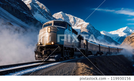 Train moving through snowy mountains under blue sky 119930156
