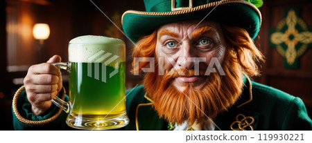 Leprechaun holding green beer celebrating saint patrick's day in irish pub 119930221