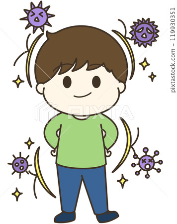 A cute and relaxed illustration of a boy who is fighting back against the virus A cute and relaxed illustration of a boy who is fighting back against the virus 119930351