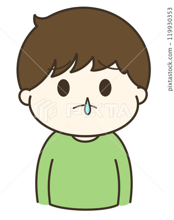 A cute illustration of a boy having trouble with a runny nose 119930353