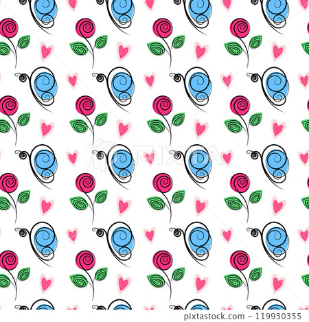 Stylized butterflies, roses and hearts Springtime Seamless Pattern in trendy marker colors. Backdrop 119930355
