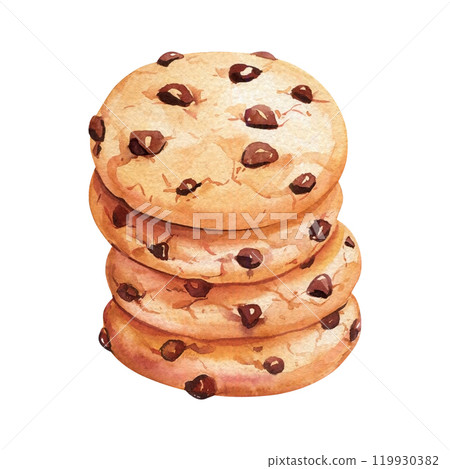 Delicious chocolate chip. Cookie stack, watercolor bakery illustration, hand-painted dessert clipart, pastry art Delicious chocolate chip. Cookie stack, watercolor bakery illustration, hand-painted dessert clipart, pastry art 119930382