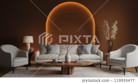 Modern living room interior with empty frame banner providing copy space for advertising 119930477