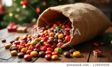 Colorful christmas candies spilling from burlap sack on wooden table Colorful christmas candies spilling from burlap sack on wooden table 119930509