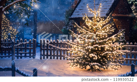 Glowing christmas tree illuminating snowy backyard during nightfall 119930522