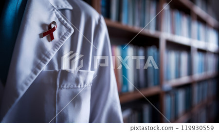 Doctor wearing red ribbon for aids awareness in library setting 119930559