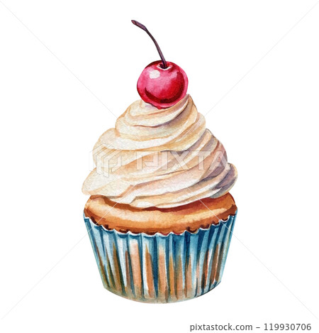 muffin, delicious cupcake with cherry, hand-painted pastry illustration isolated background, watercolor dessert clipart muffin, delicious cupcake with cherry, hand-painted pastry illustration isolated background, watercolor dessert clipart 119930706