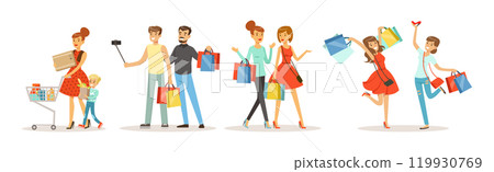 People Character Shopping at Store Make Purchase Vector Set 119930769
