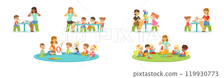 Preschool Boy and Girl Sitting on the Floor with Alphabet Letter Vector Set Preschool Boy and Girl Sitting on the Floor with Alphabet Letter Vector Set 119930773