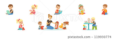 Preschool Boy and Girl Sitting on the Floor with Alphabet Letter Vector Set 119930774