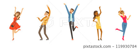 Happy Young Man and Woman Cheering and Rejoice Vector Set 119930784