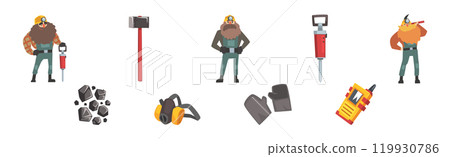 Mining Industry with Man Worker and Tool and Extracting Equipment Vector Set 119930786