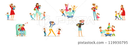 Exhausted Dad and Mom with Hyperactive Child Claiming Attention Vector Set 119930795