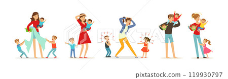 Exhausted Dad and Mom with Hyperactive Child Claiming Attention Vector Set 119930797