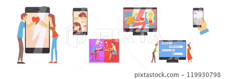 Man and Woman Meet in Dating App Send Message Vector Set 119930798