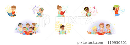 Little Boy and Girl Read Fairytale Book Dream of Imaginary World Vector Set 119930801