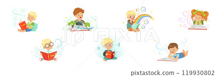 Little Boy and Girl Read Fairytale Book Dream of Imaginary World Vector Set 119930802