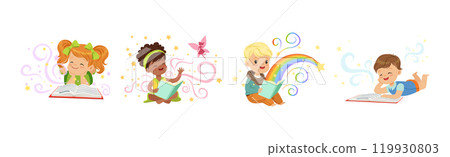 Little Boy and Girl Read Fairytale Book Dream of Imaginary World Vector Set 119930803