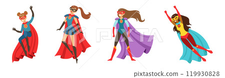 Woman Superhero Character in Costume and Cloak Vector Set Woman Superhero Character in Costume and Cloak Vector Set 119930828