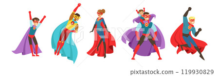 Man and Woman with Kid Superhero Character in Costume and Cloak Vector Set 119930829