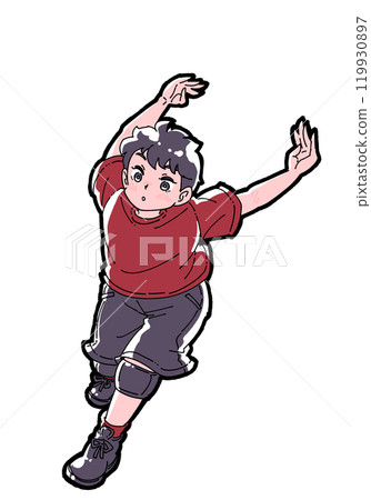 Illustration of a boy taking a run-up to spike 119930897