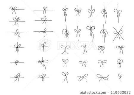 Simple bows on ribbon thin line, Bowknot for package. Set gift ribbon, doodle stroke minimal decoration. Present, package rope, wedding elements Simple bows on ribbon thin line, Bowknot for package. Set gift ribbon, doodle stroke minimal decoration. Present, package rope, wedding elements 119930922