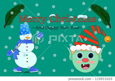Cheerful Snowman and Elf Christmas Illustration Cheerful Snowman and Elf Christmas Illustration 119931020