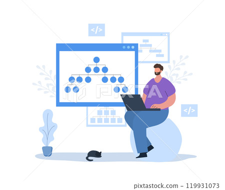 Sitemap creation. Website creation tool. Male developer with laptop. Online software and web page structure. UX designer workflow. Vector illustration in cartoon style 119931073
