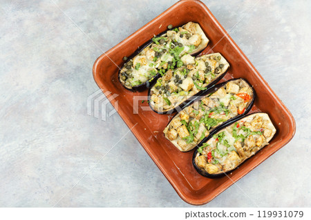 Italian eggplant baked with meat. 119931079