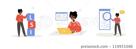 Lsi keyword. Latent Semantic Indexing. SEO concept. Set of Vector illustrations in flat cartoon style. African female characters is engaged in Web analysis and word search optimization 119931086