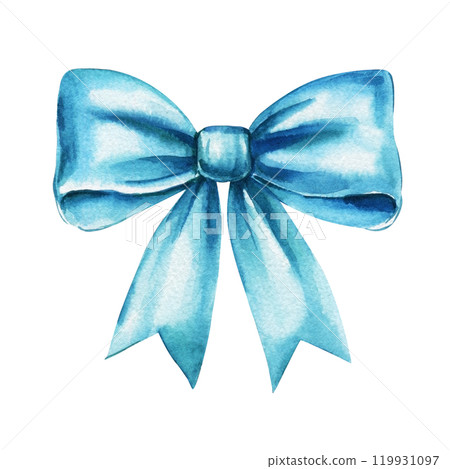 Watercolor satin blue bow isolated on white background. Hand-painted ribbon illustration, elegant decorative bow clipart Watercolor satin blue bow isolated on white background. Hand-painted ribbon illustration, elegant decorative bow clipart 119931097