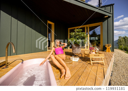 Sunbathing Bliss on a Wooden Deck Sunbathing Bliss on a Wooden Deck 119931181