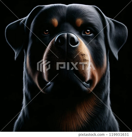 The majestic figure of a Rottweiler with a calm expression The majestic figure of a Rottweiler with a calm expression 119931631