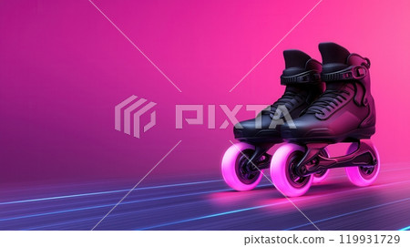 A sleek pair of black roller skates with vibrant pink wheels A sleek pair of black roller skates with vibrant pink wheels 119931729