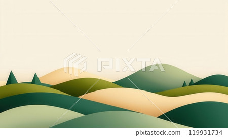 A serene illustration of rolling hills in soft green and beige tones 119931734