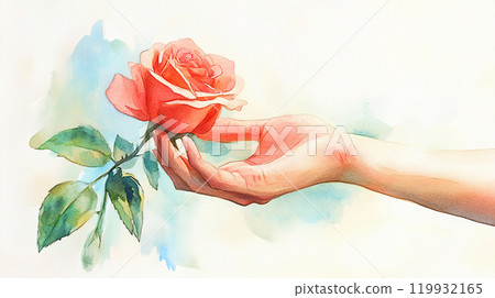 delicate hand holding vibrant red rose, symbolizing love and beauty. 119932165