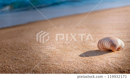 Scenery of a single shell remaining on the beach and gentle waves Scenery of a single shell remaining on the beach and gentle waves 119932171