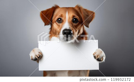 Humorous figure of a cute dog holding a white board Humorous figure of a cute dog holding a white board 119932172