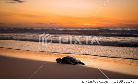 Silhouette of a sea turtle walking on the sandy beach at sunset 119932173