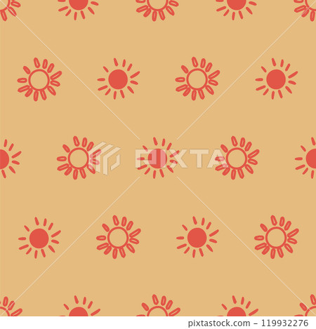 Seamless pattern featuring red sun sunburst motifs on a pastel orange background. Perfect for textiles, wallpapers, packaging, digital art, invitations, stationery, home decor, gift wrap, crafts Seamless pattern featuring red sun sunburst motifs on a pastel orange background. Perfect for textiles, wallpapers, packaging, digital art, invitations, stationery, home decor, gift wrap, crafts 119932276