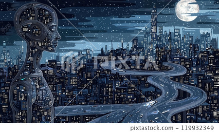 A futuristic scene featuring a figure made of stars overlooking a shimmering cityscape under a moonlit sky. 119932349