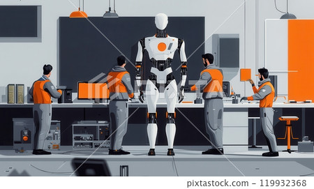 A futuristic scene featuring a robot surrounded by technicians in a high-tech lab, innovation and collaboration in robotics. 119932368